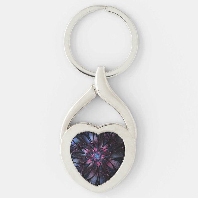 Abstract fractal flower design.   twisted heart silverfärgad nyckelring (Framsidan)