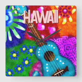Abstract Funky Ukulele Floral Tropical Teal Purple Fyrkantig Klocka