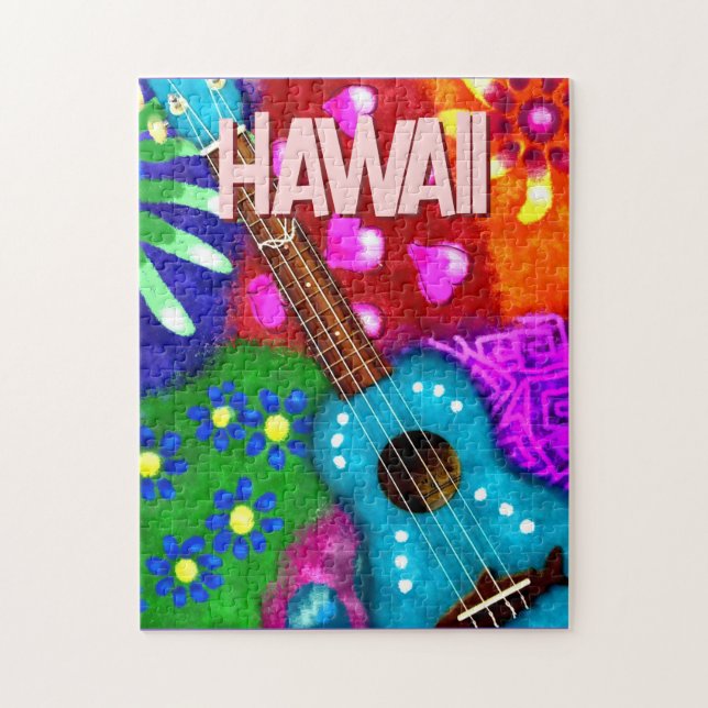 Abstract Funky Ukulele Floral Tropical Teal Purple Pussel (Vertikal)