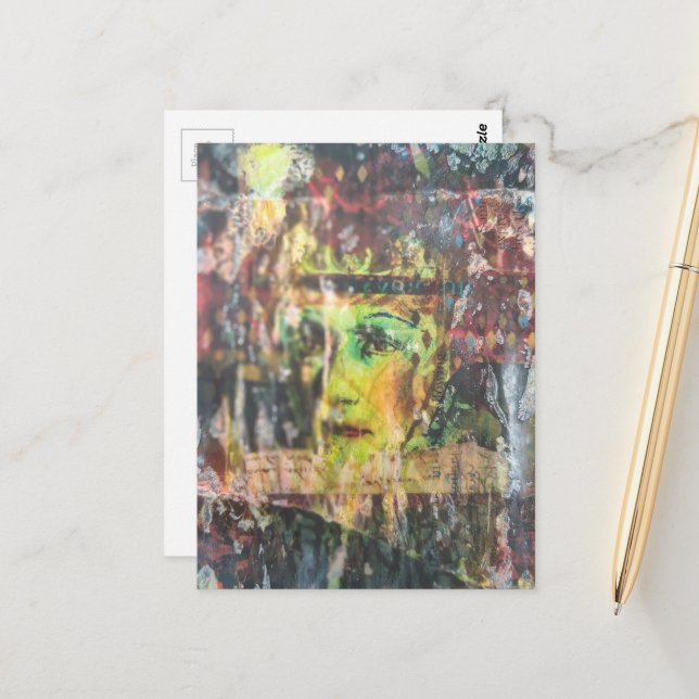Abstract Green Face Mixed Media Collage Vykort (Fram/Back In Situ)