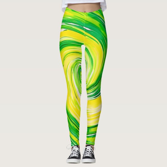 Abstract Green Yellow Spiral Art Leggings (Framsida)