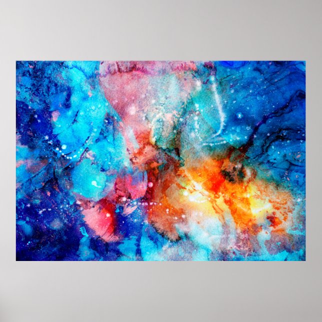 Abstract hand-made texture. Marbling blue and oran Poster (Framsidan)