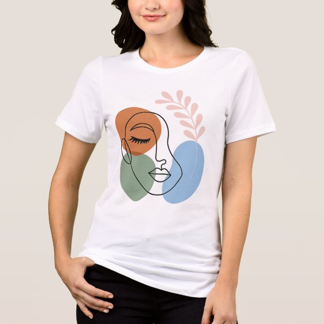 Abstract Line Art Face with Botanical Flair T Shirt (Framsida)