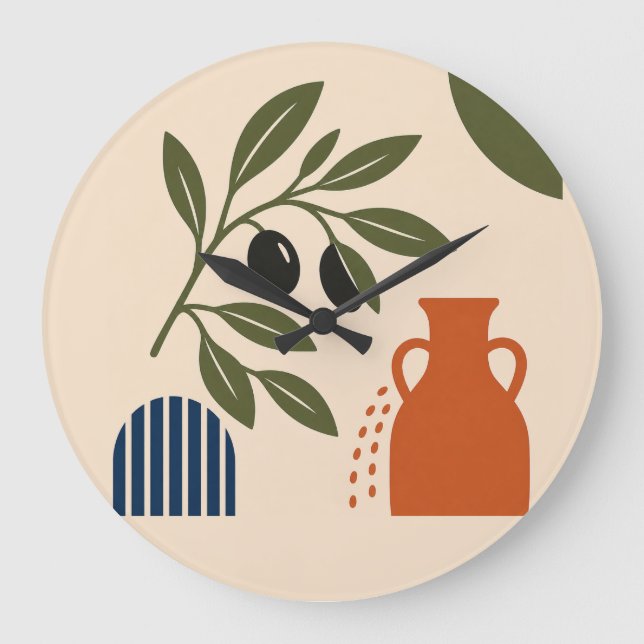 Abstract Mediterranean Olive Branch Vase Clock Stor Klocka (Framsida)