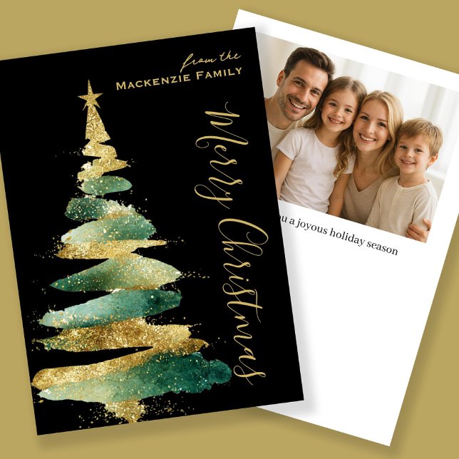 Abstract Modern Christmas Tree Photo Personalized Julkort (Abstract Modern Christmas Tree Photo Personalized Holiday Card by Ricaso in gold and green)