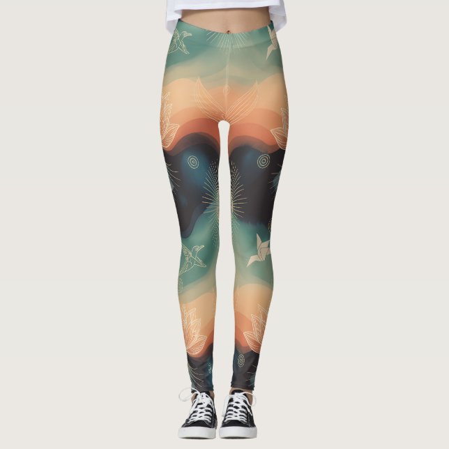 Abstract Nature: Minimalist Lotus & Bird Design Leggings (Framsida)