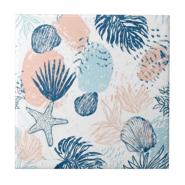 Abstract Nautical Beach Blue Peach Distressed (1) Kakelplatta (Framsidan)