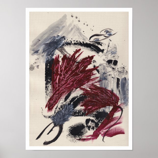 Abstract painting with layered black, gray, red poster (Framsidan)