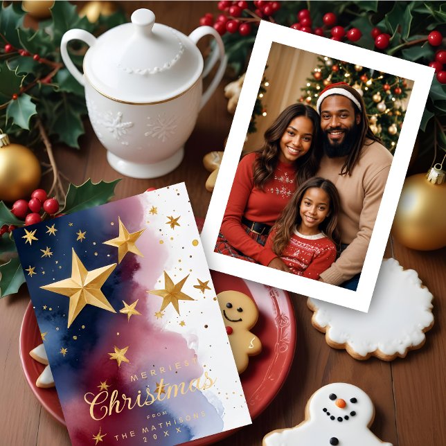 Abstract Patriotic Blue Red & White Stars Elegant  Julkort (Abstract Patriotic Blue Red & White Stars Elegant Christmas Holiday Cards with Custom Photo.)