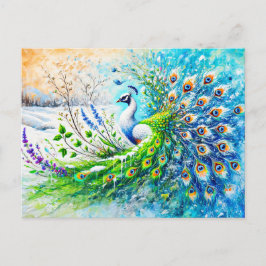 Abstract Peacock in Spring with Snow and Flower Vykort