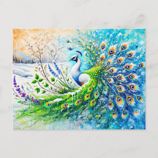 Abstract Peacock in Spring with Snow and Flower Vykort (Framsida)
