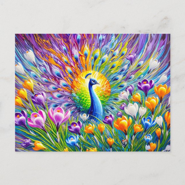Abstract Peacock with Crocuses in Oil Paint Vykort (Framsida)