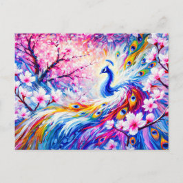 Abstract Peacock with Peach Tree in Colorful Paint Vykort