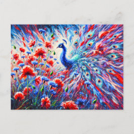 Abstract Peacock with Poppies and Cornflowers Vykort