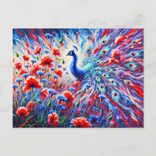 Abstract Peacock with Poppies and Cornflowers Vykort (Framsida)