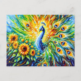 Abstract Peacock with Sunflowers in Painting Vykort