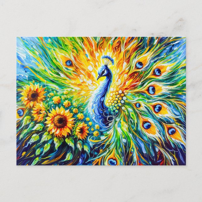 Abstract Peacock with Sunflowers in Painting Vykort (Framsida)