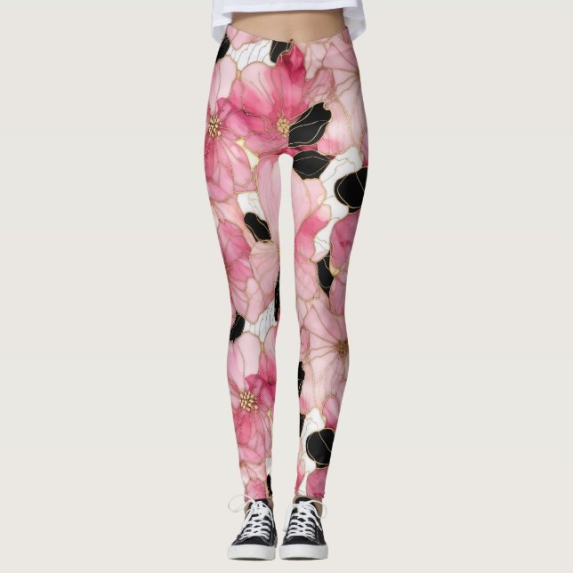 Abstract Pink And Black Alcohol Ink Art Leggings (Framsida)