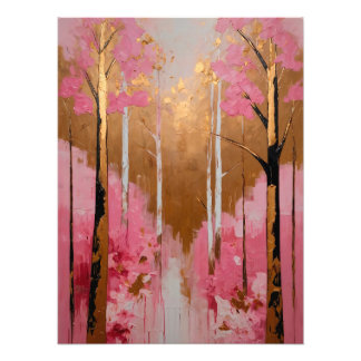 Abstract Pink and Gold Forest Painting Fototryck