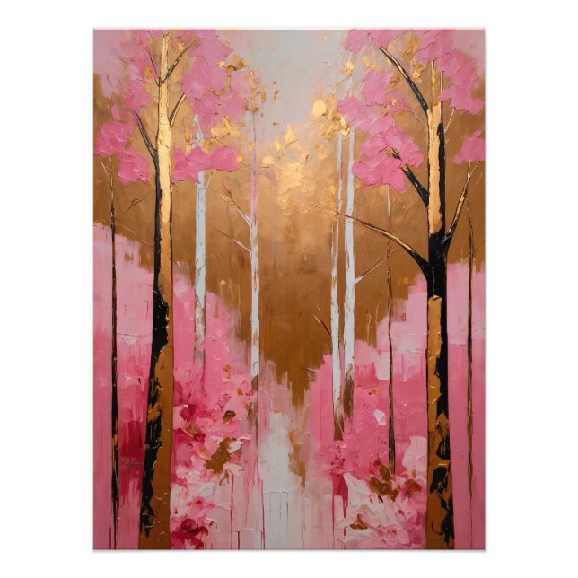 Abstract Pink and Gold Forest Painting Fototryck (Framsidan)