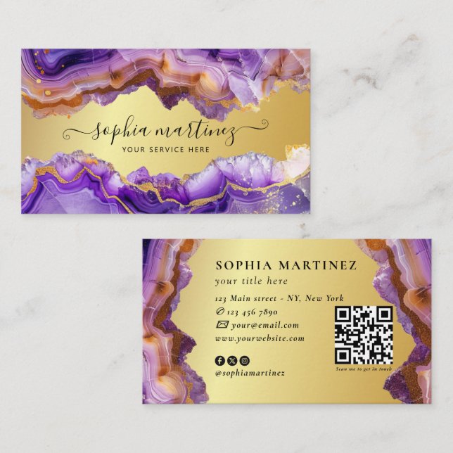 Abstract Purple Agate gold glitter marble QR Code Visitkort (Fram/baksida)