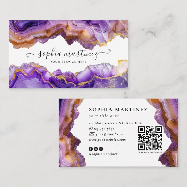 Abstract Purple Agate gold glitter marble QR Code Visitkort (Fram/baksida)