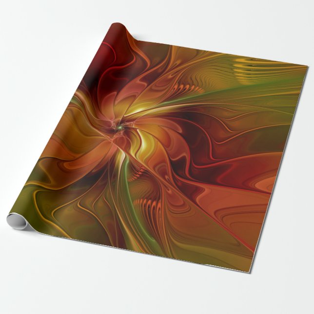 Abstract Red Orange Brown Green Fractal Art Flower Presentpapper (Utrullad)