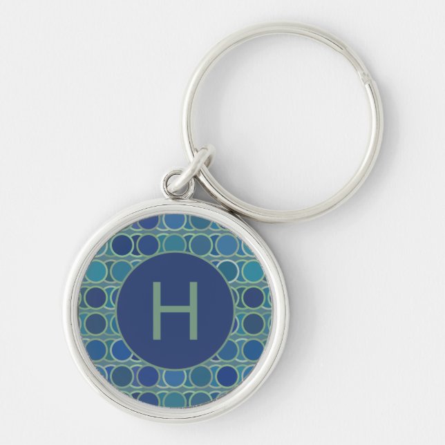 Abstract Shades of Blue Circle Pattern Monogram Rund Silverfärgad Nyckelring (Framsidan)