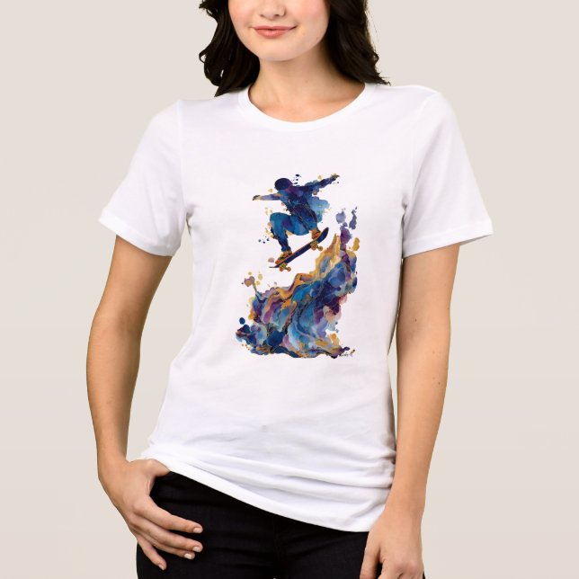 Abstract Skateboarder | Fluid Ink Watercolor T Shirt (Framsida)