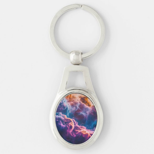 Abstract Space Nebula Art - Colorful Cosmic Ovalt Silverfärgad Nyckelring (Framsidan)