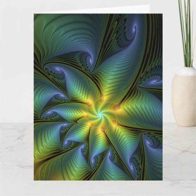 Abstract Star, Shiny Blue Green Golden Fractal Art Tack Kort (Framsida)