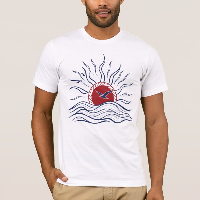 Abstract Sunset Illustration with Birds and Waves  T Shirt (Framsida)
