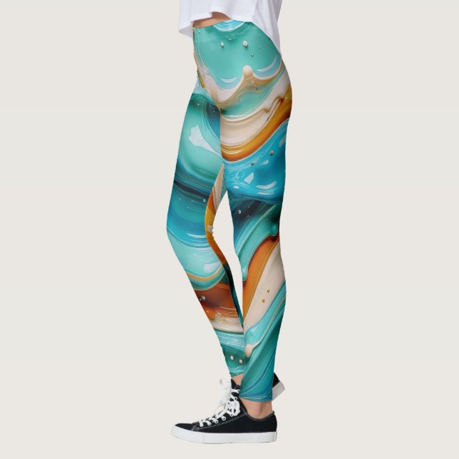 Abstract Swirling Teal and Orange Glossy Fluid  Leggings (Vänster)