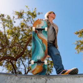 Abstract Swirling Teal and Orange Glossy Fluid Mini Skateboard Bräda 18,5 Cm