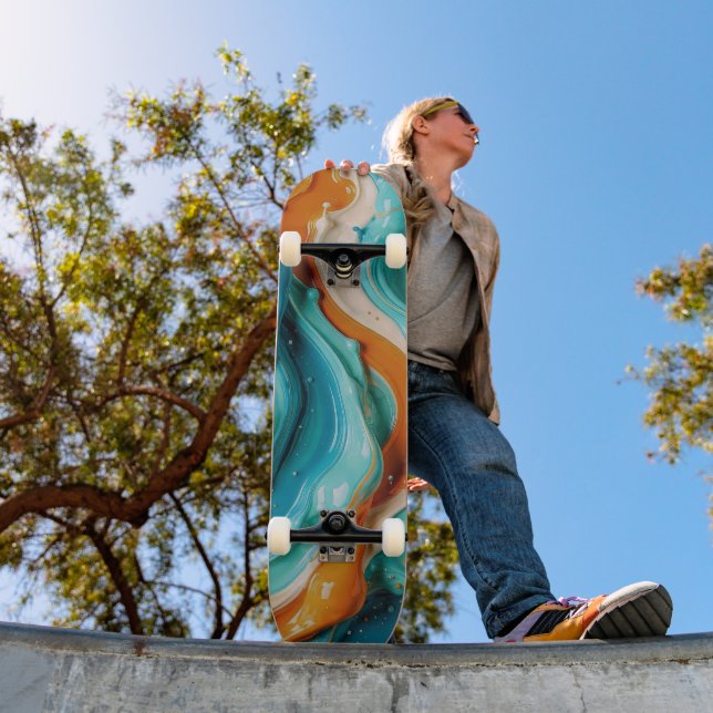 Abstract Swirling Teal and Orange Glossy Fluid  Mini Skateboard Bräda 18,5 Cm (Utomhus 1)
