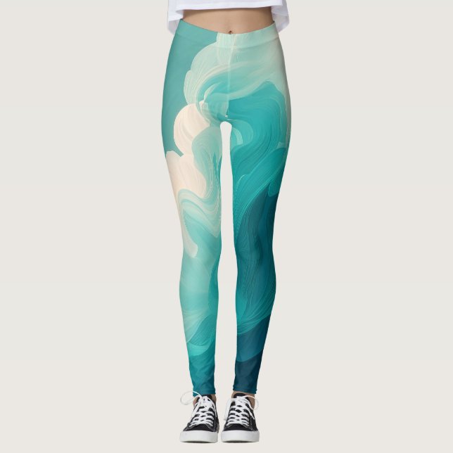 Abstract Teal and White Flowing Waves Leggings (Framsida)