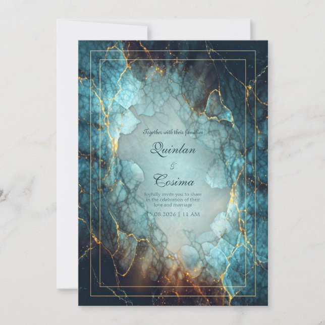 Abstract Teal Turquoise Gilded Geode Wedding Inbjudningar (Framsida)