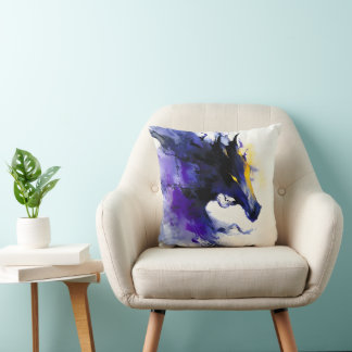 Abstract Watercolor Black Horse Portrait Kudde