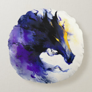 Abstract Watercolor Black Horse Portrait Rund Kudde
