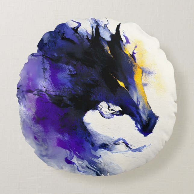 Abstract Watercolor Black Horse Portrait Rund Kudde (Framsidan)