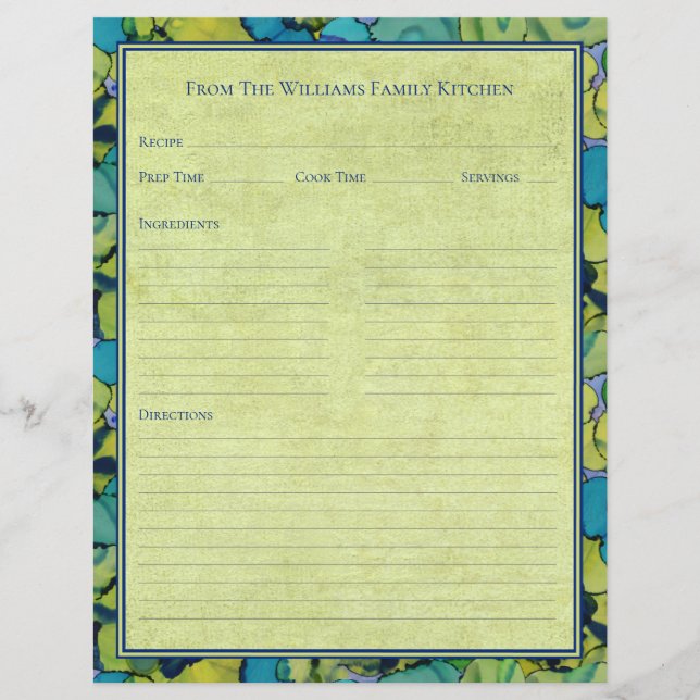 Abstract Watercolor Green Teal Recipe Paper Sheet (Framsida)