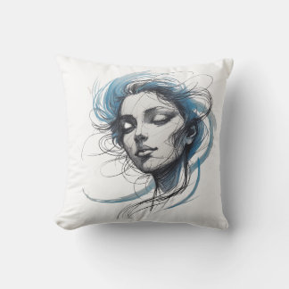 Abstract Wind Flowing Face – Blue Line Art Pillow Kudde