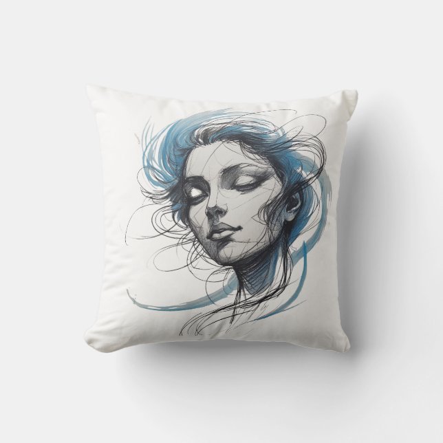 Abstract Wind Flowing Face – Blue Line Art Pillow Kudde (Framsida)