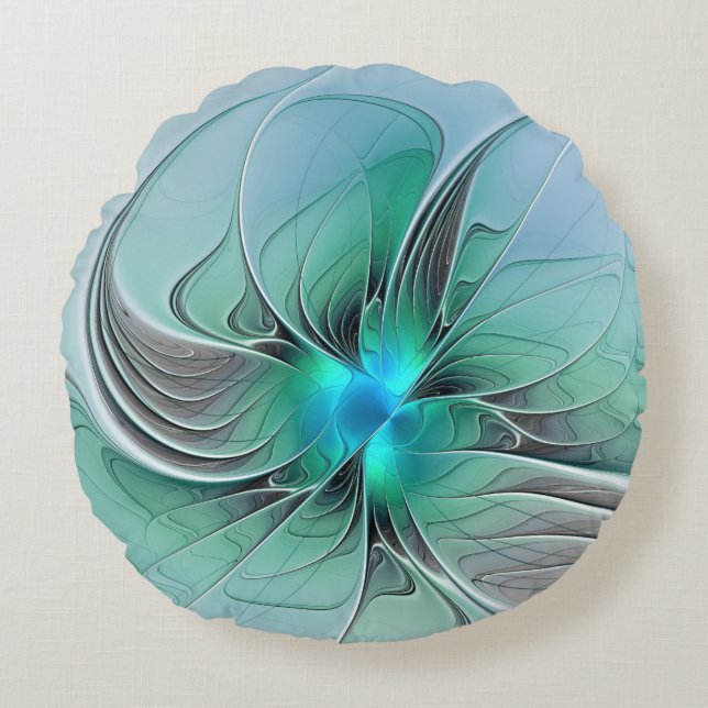Abstract With Blue, Modern Fractal Art Rund Kudde (Framsidan)