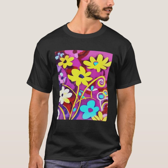 Abstract Yellow Flowers On Viva Magenta T Shirt (Framsida)