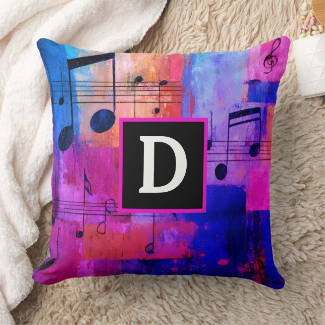 Abstract yellow red blue musical notes monogrammed kudde (Filt)