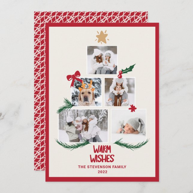 Abstrakt 5 foton Julgran red ecru önskemål Julkort (Fram/baksida)