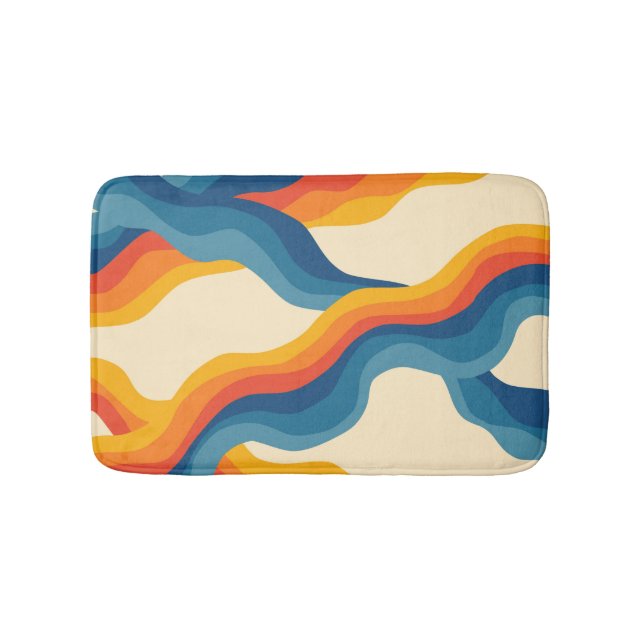 Abstrakt 70s Retro Orange Blue Vågigt Rand Mönster Badrumsmatta (Framsidan)