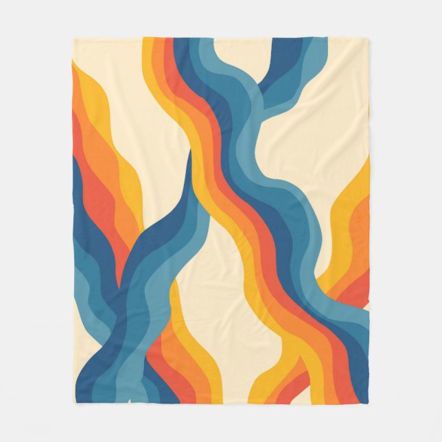 Abstrakt 70s Retro Orange Blue Vågigt Rand Mönster Fleecefilt (Framsidan)