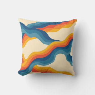 Abstrakt 70s Retro Orange Blue Vågigt Rand Mönster Kudde